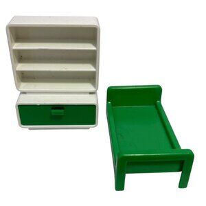 Playmobil 1981 Geobra Dollhouse Green & White Shelf With Drawer & Bed Set